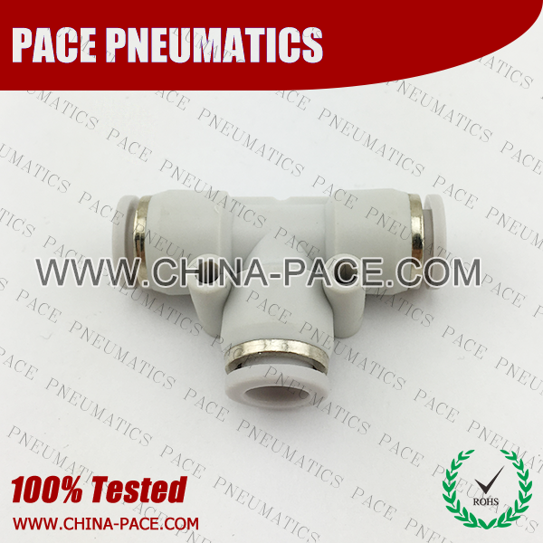Grey White Union Tee push in fittings, pneumatic fittings, one touch fittings, push to connect fittings, air fittings